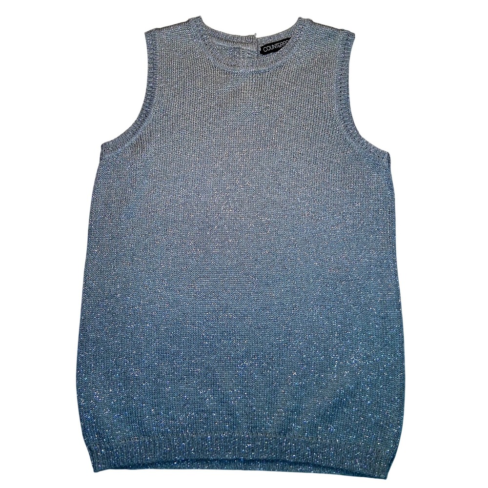 Silver Knit Sleeveless Top Tank Button‎ Back Casual Party Sparkle Blouse